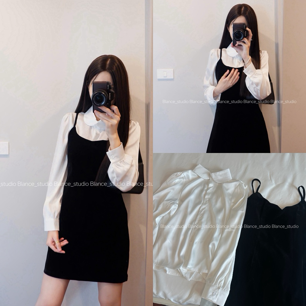 BLANCE STUDIO/ Set bộ áo sơ mi lụa và váy hai dây