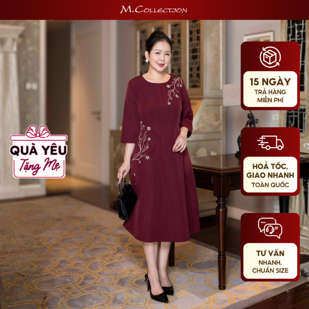 M COLLECTION | Váy Đầm Nữ Trung Niên Tặng Mẹ Lụa Dày Thêu Hoa Tay Lỡ Cổ Tròn Dự Tiệc D13192