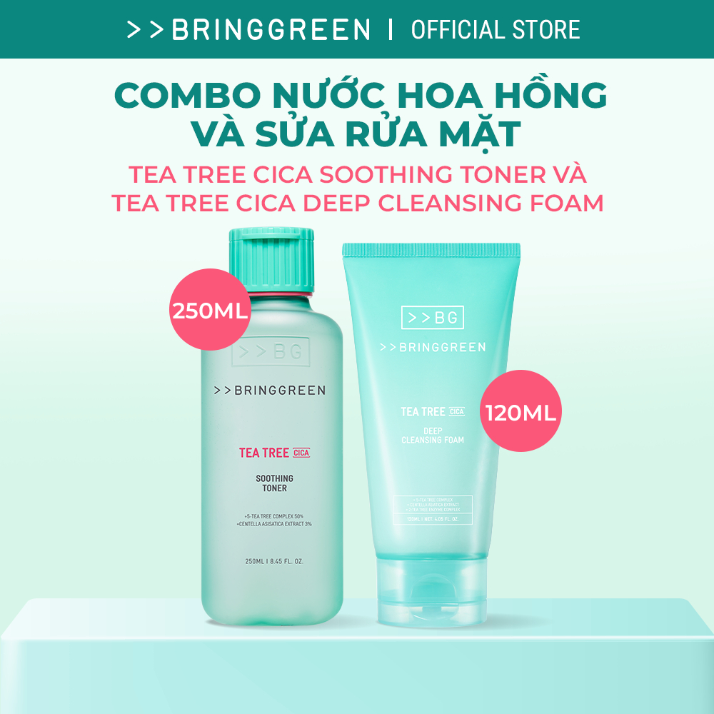 COMBO Bring Green Tea Tree Cica Soothing Toner 250ml+Bring Green Sữa rửa mặt Tea Tree Cica Deep Clea