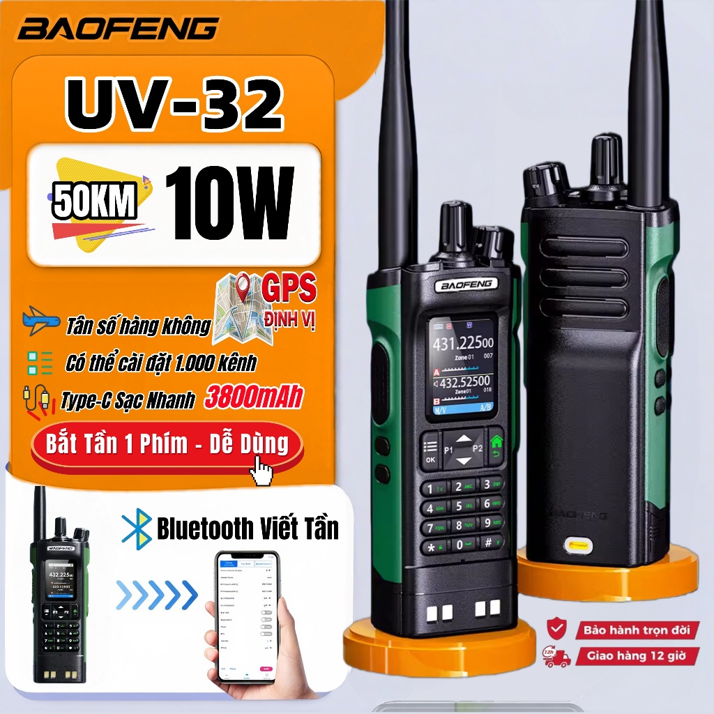 BaoFeng UV32 Pin SIÊU KHỦNG 3800mAh Phạm Vi 30KM Chống Nước Chuẩn IP67 999 Kênh Bluetooth + APP + TẶ