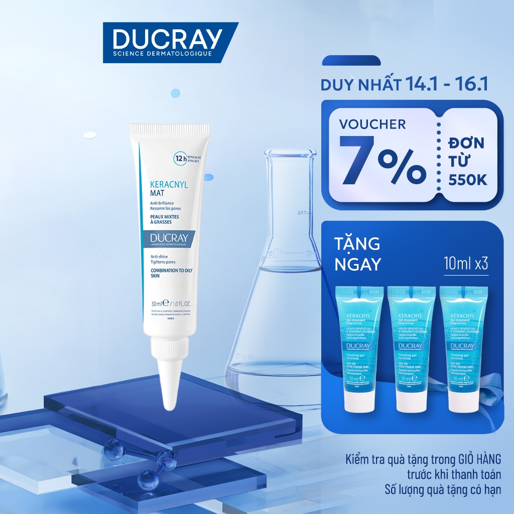 [KOL x Ducray] Kem dưỡng kiểm soát dầu & giảm bóng nhờn Ducray Keracnyl Mat 30ml giúp thu nhỏ lỗ châ