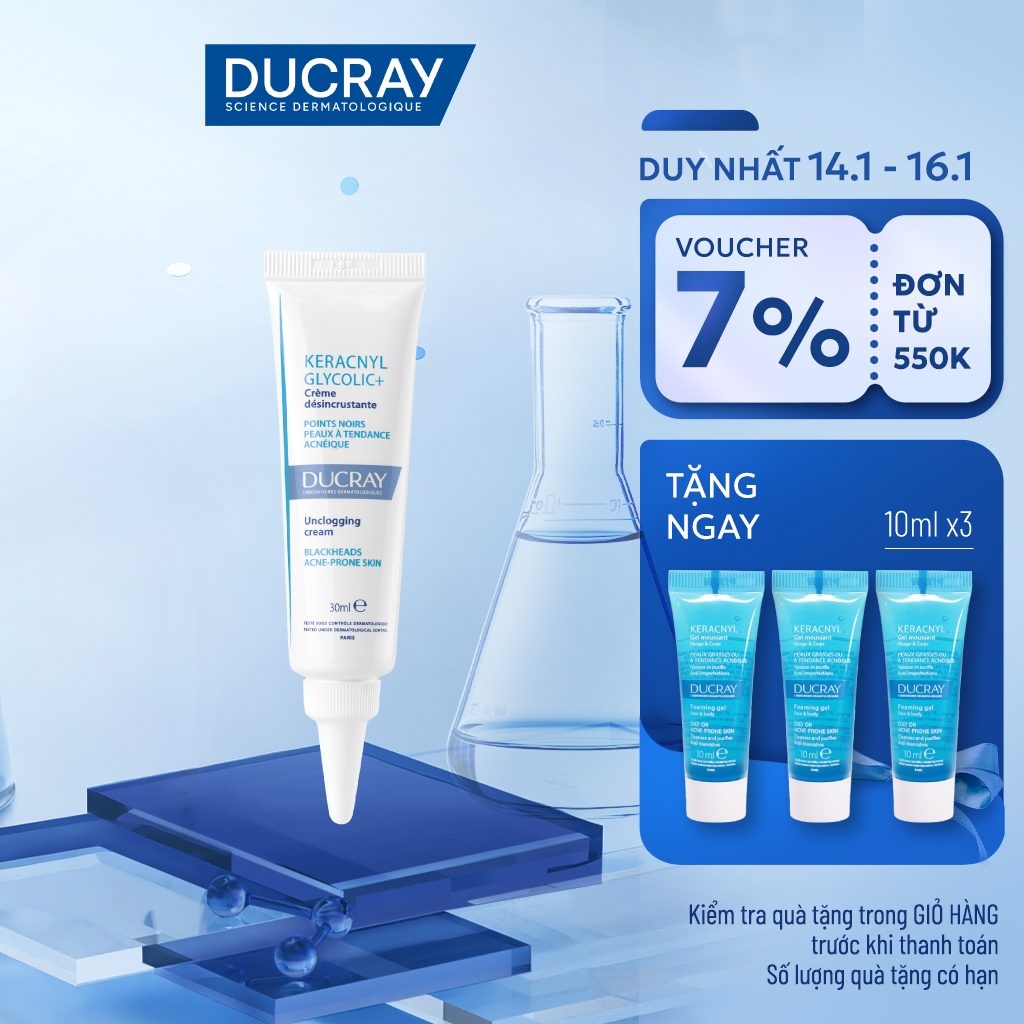 [KOL x Ducray] Kem dưỡng giảm mụn đầu đen Ducray KERACNYL Glycolic+ Cream 30ml giúp kiểm soát bóng n