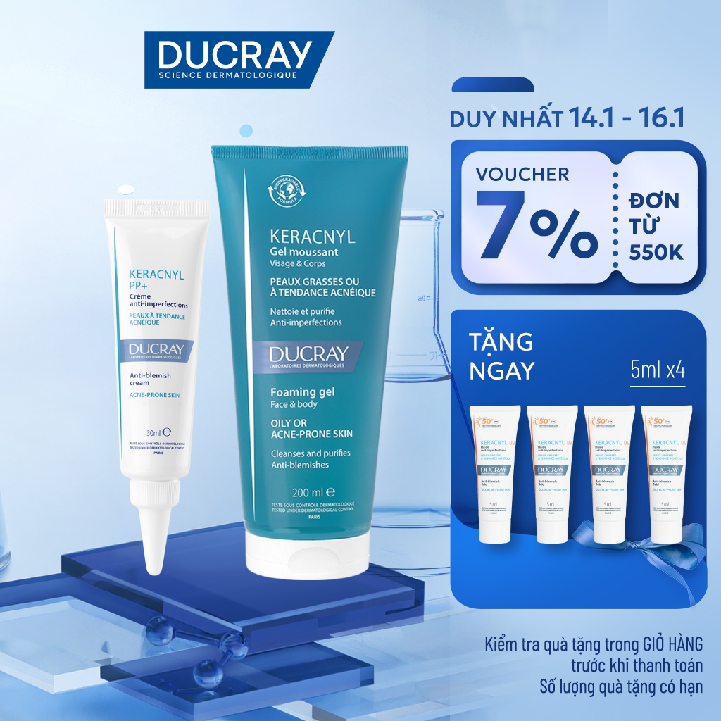 Combo giảm mụn & làm sạch cho da dầu mụn Ducray Keracnyl PP+ Cream 30ml + Gel rửa mặt Keracnyl Foami