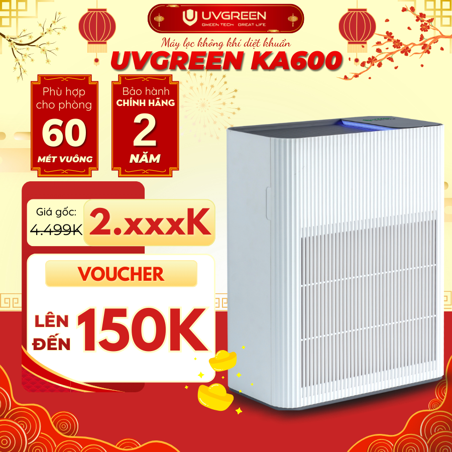 Máy lọc không khí diệt khuẩn UVGREEN KA600 | Cho phòng 60m2, Diệt khuẩn tia UV, Lõi lọc 3 lớp