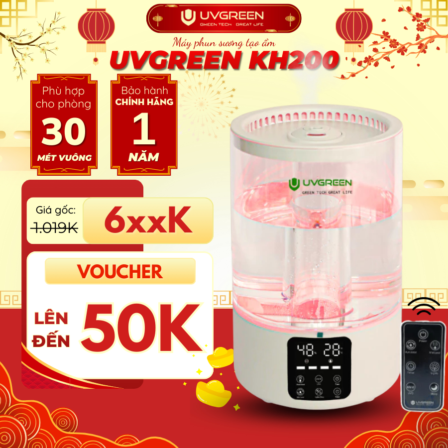 Máy Phun Sương Tạo Ẩm Không Khí UVGREEN KH200 | Dung tích 5L, Diệt Khuẩn Nước, Xông Tinh Dầu, Phun S