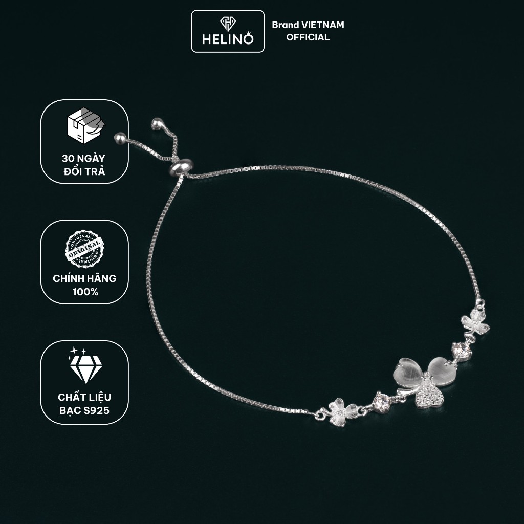 Lắc Tay Bạc Nữ HELINO Dây Rút Cỏ Ba Lá Đính Đá Mắt Mèo Bạc S925 Lấp Lánh V46