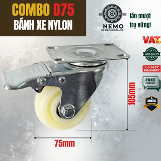 COMBO D75 (3 inch) bánh xe NYLON tải nhẹ, tải trọng 285kg cho xe đẩy trong nhà bếp, kho đông lạnh