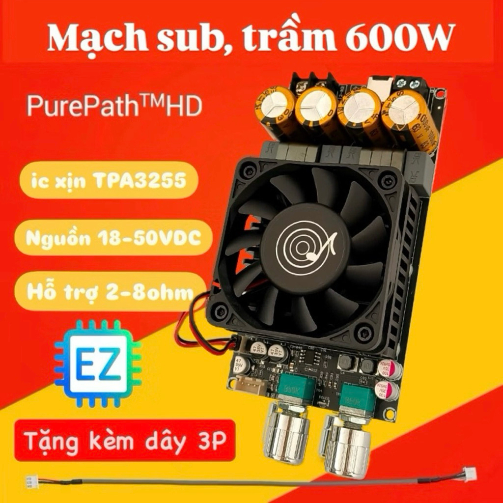 ZK-6001 Mạch khuyếch đại, công suất sub, siêu trầm TPA3255 600W, 18-50VDC tích hợp điều chỉnh cắt tầ