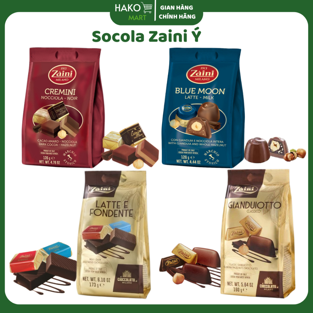 Socola Zaini Ý (Gianduiotto Classico, Cremini Nocciola Noir, Latte e Fondente, Blue Moon )