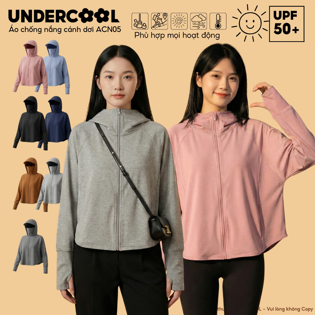 Áo Chống Nắng Nữ UNDERCOOL Chống Nắng UPF50+ Chống Tia UV Vành Mũ To Dáng Croptop Chất Umi Nỉ Co Giã