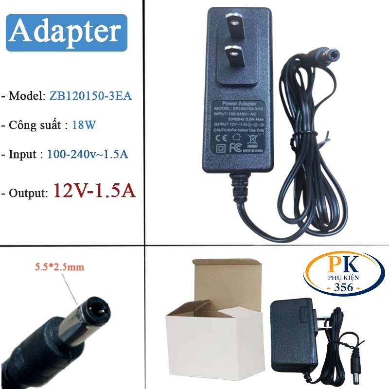 Nguồn DC 12V-1.5A Adapter ZB120150-3AE – Jack 5.5×2.5mm, Dây 1.5m | Dùng Cho Camera, Đèn LED, Hub US