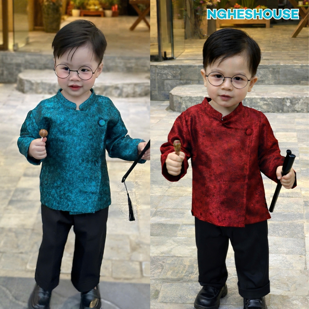 Áo Dài Cách Tân Gấm Phối Quần Âu Dành Cho Bé Trai NghesHouse AODAI07