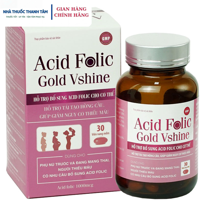 Acid Folic Gold Vshine 1000mcg Vitamin B9 Hỗ Trợ Bổ Sung Acid Folic Cho Cơ Thể Hộp 30 Viên Nang Mềm