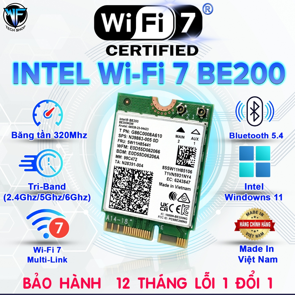 [ BH 12th ] Card WiFi BE200 WiFi 7 2.4G/5G/6GHz Bluetooth 5.4 Chính Hãng
