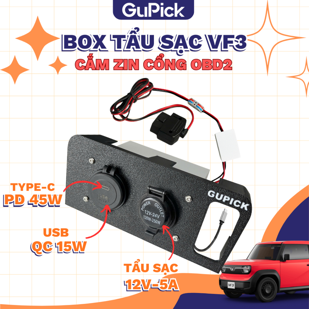 Box tẩu sạc VF3 gắn zin OBD2 sang tẩu 12V 5A, bộ GV3F tự ngắt thông minh GuPick, tích hợp sạc nhanh 