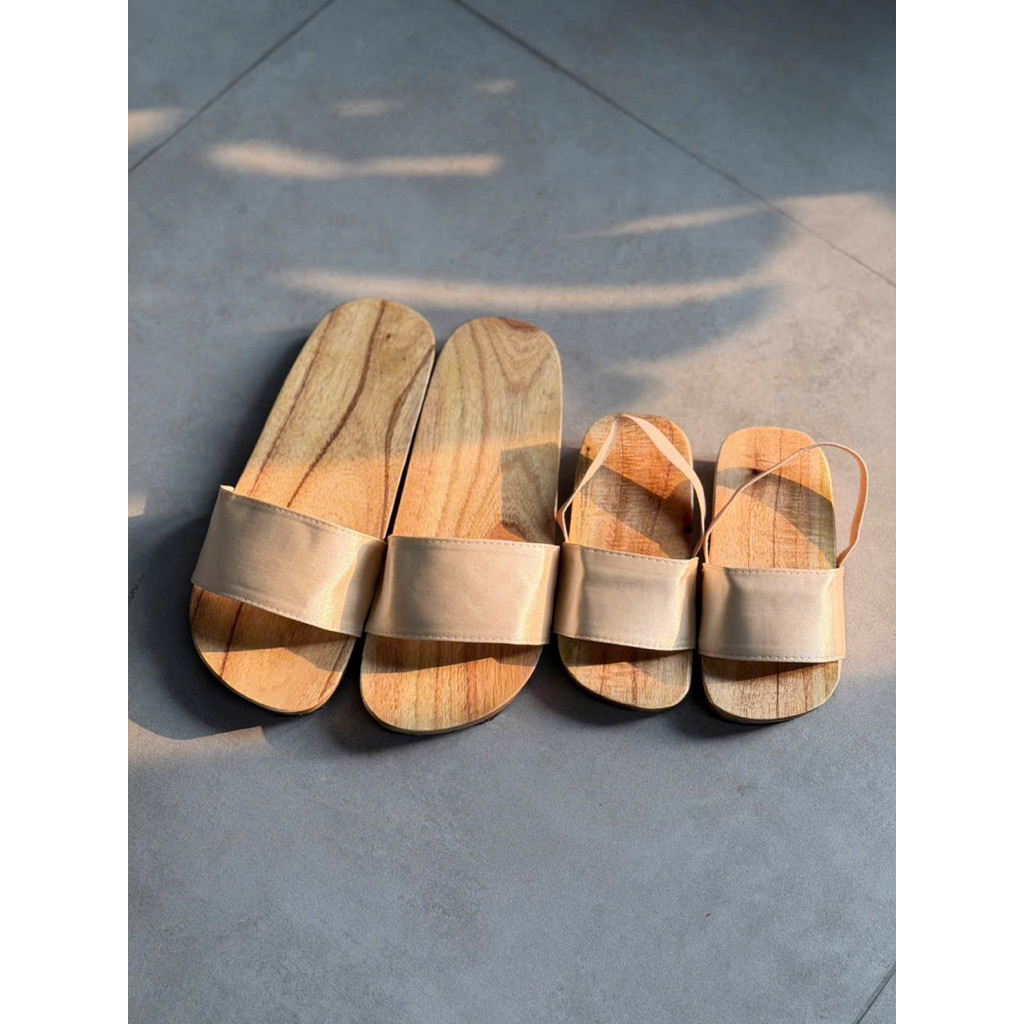 Guốc satin màu be mẹ và bé handmade cici