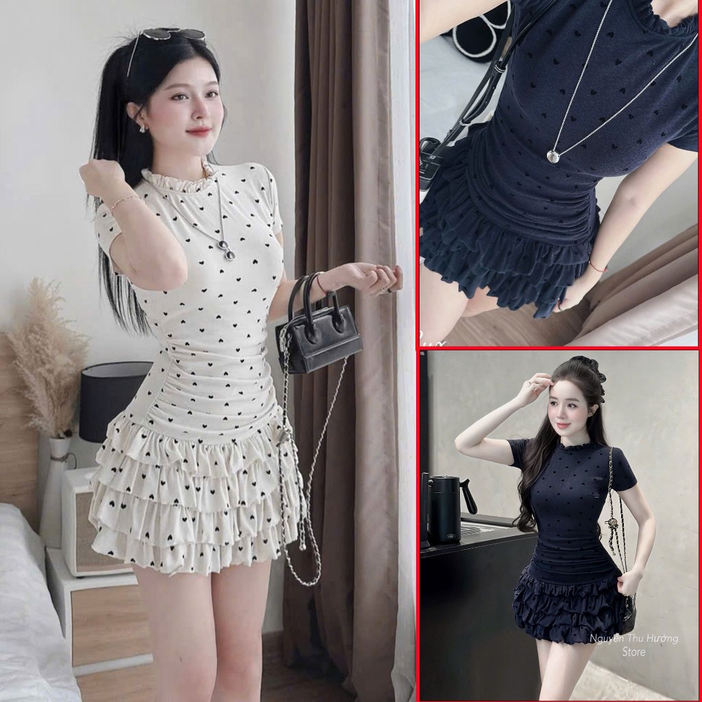 Đầm ôm nữ Lavie's storess họa tiết tim nhỏ – Váy body chun nhún dáng ngắn xếp tầng phong cách Hàn Qu