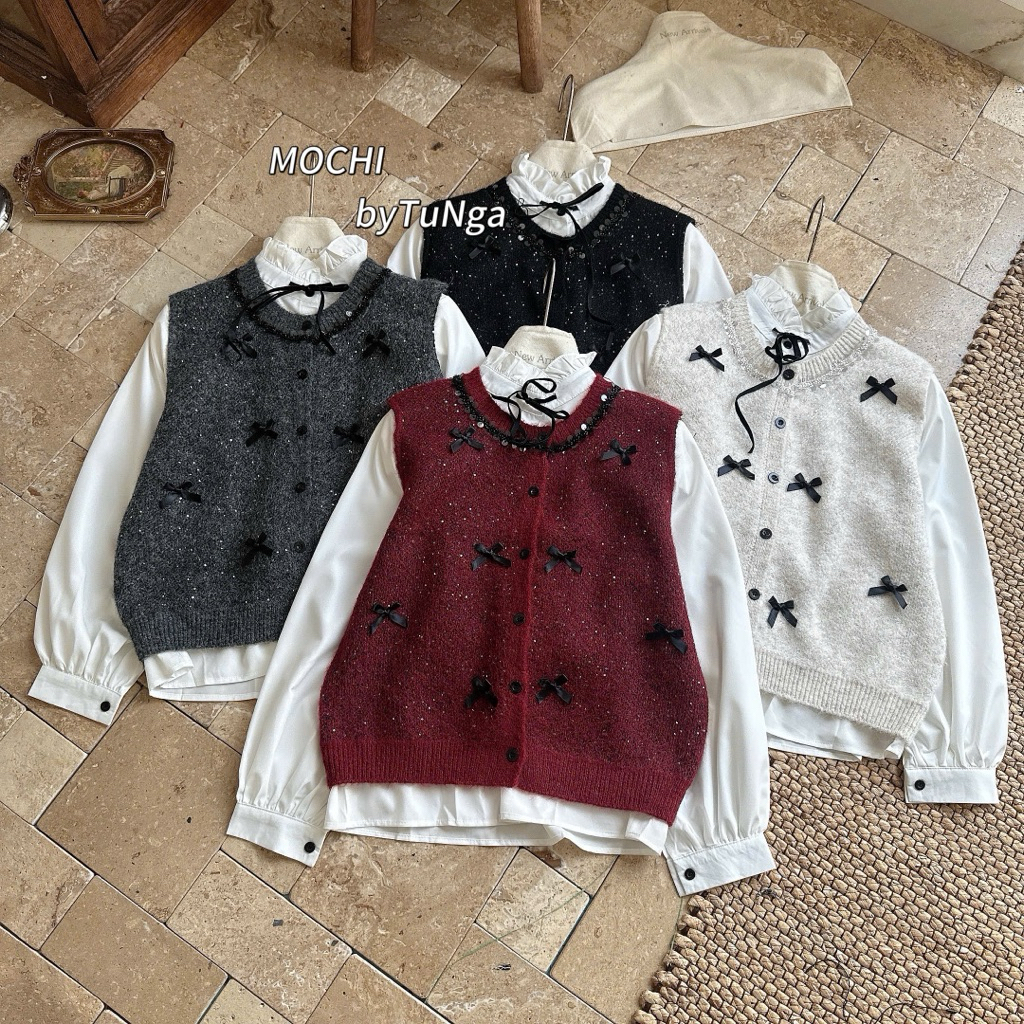 Set áo gile nơ cổ cườm bling bling kèm áo sơ mi cổ bèo nơ điệu đà hàng QC freesize