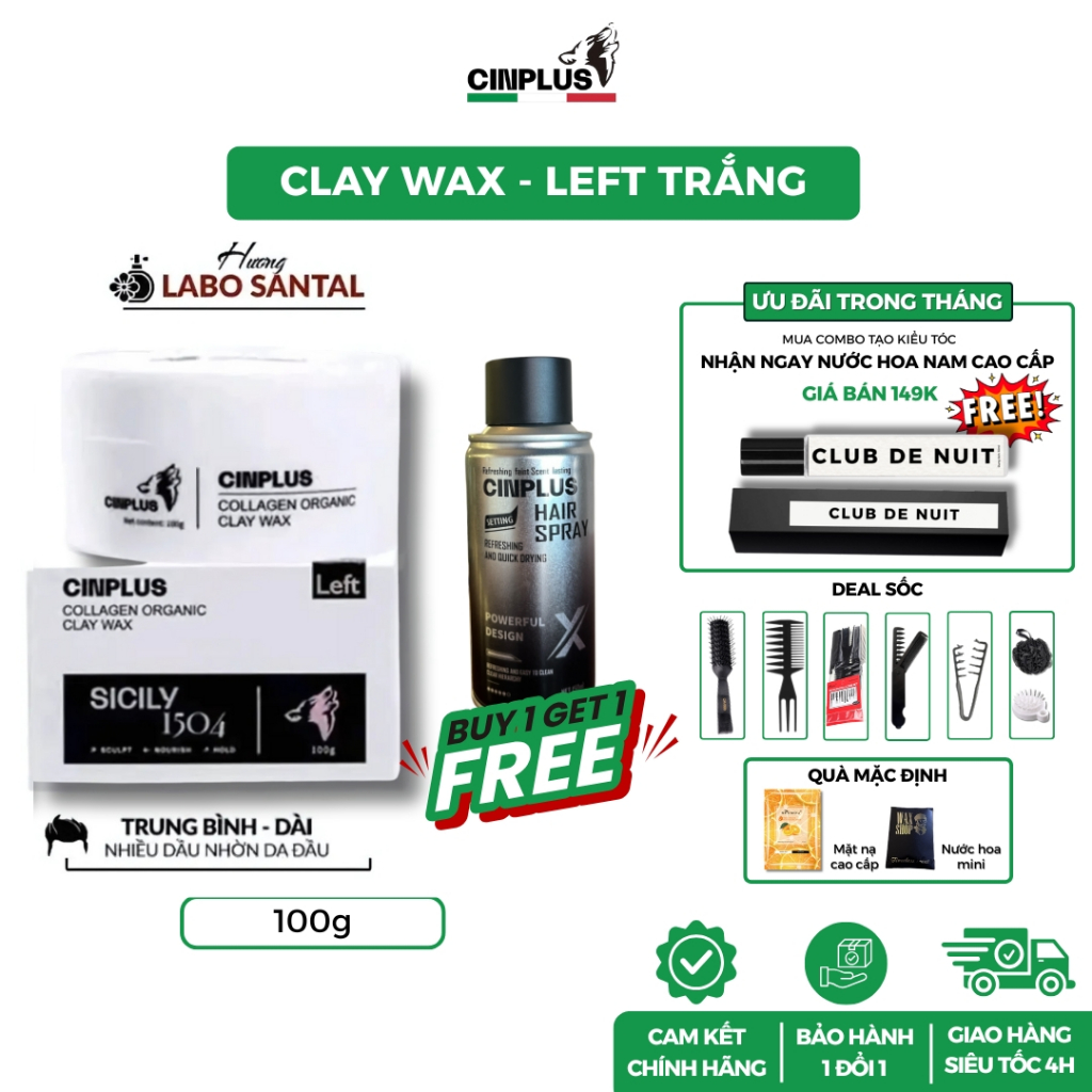 Sáp vuốt tóc nam CinPlus Left Sicily 1504 100gr chính hãng gel, wax giữ nếp tóc - CINPLUS
