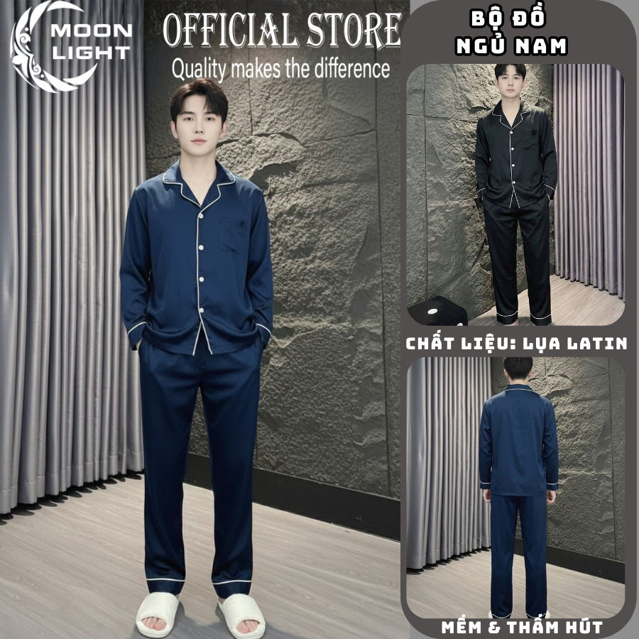 Bộ đồ ngủ nam vải lụa Latin mềm mại thoáng mát họa tiết đơn giản mùa thu đông