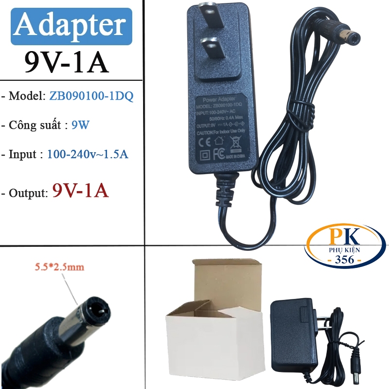 Nguồn DC 9V 1A 9W ZB090100-1DQ chân 5.5x2.5mm dây 1.5m adapter 9V -1A