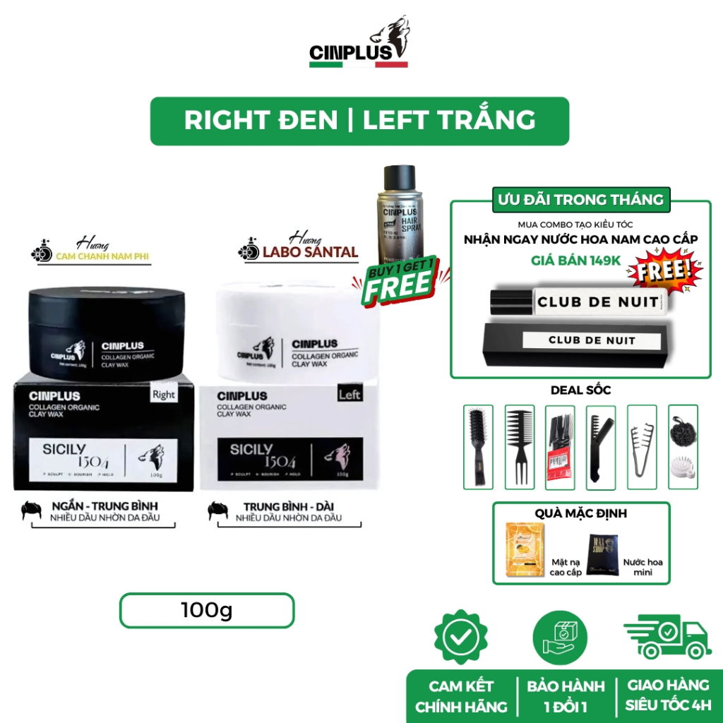 Sáp vuốt tóc nam CINPLUS Clay Wax 100gr Left Trắng , Right Đen giữ nếp tóc - Cinplus