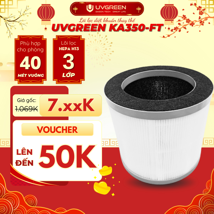 Lõi lọc diệt khuẩn cho Máy lọc không khí UVGREEN KA350 FT - Hepa H13, Lọc 3 lớp, Bụi mịn