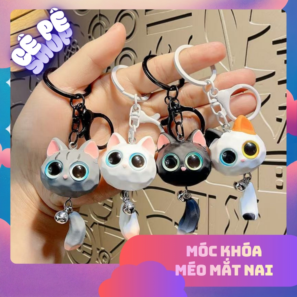 Móc Khóa Mèo Mắt To 3D Dễ Thương - Phụ Kiện Treo Balo, Túi Xách, Oto,Xe Máy(Đuôi Lắc Lư)