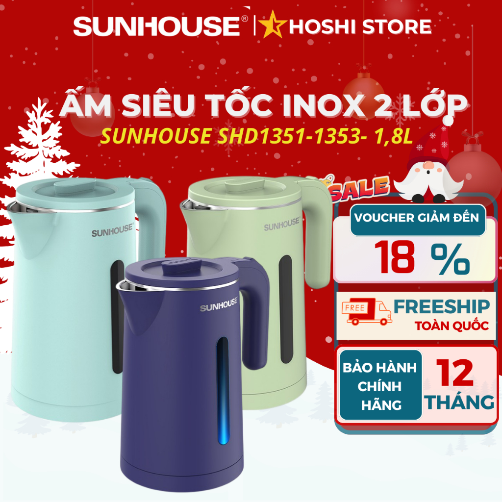 Ấm siêu tốc. Bình đun siêu tốc inox 2 lớp chống bỏng 1.8L Sunhouse SHD1351,1355,1353, bảo hành 1 năm