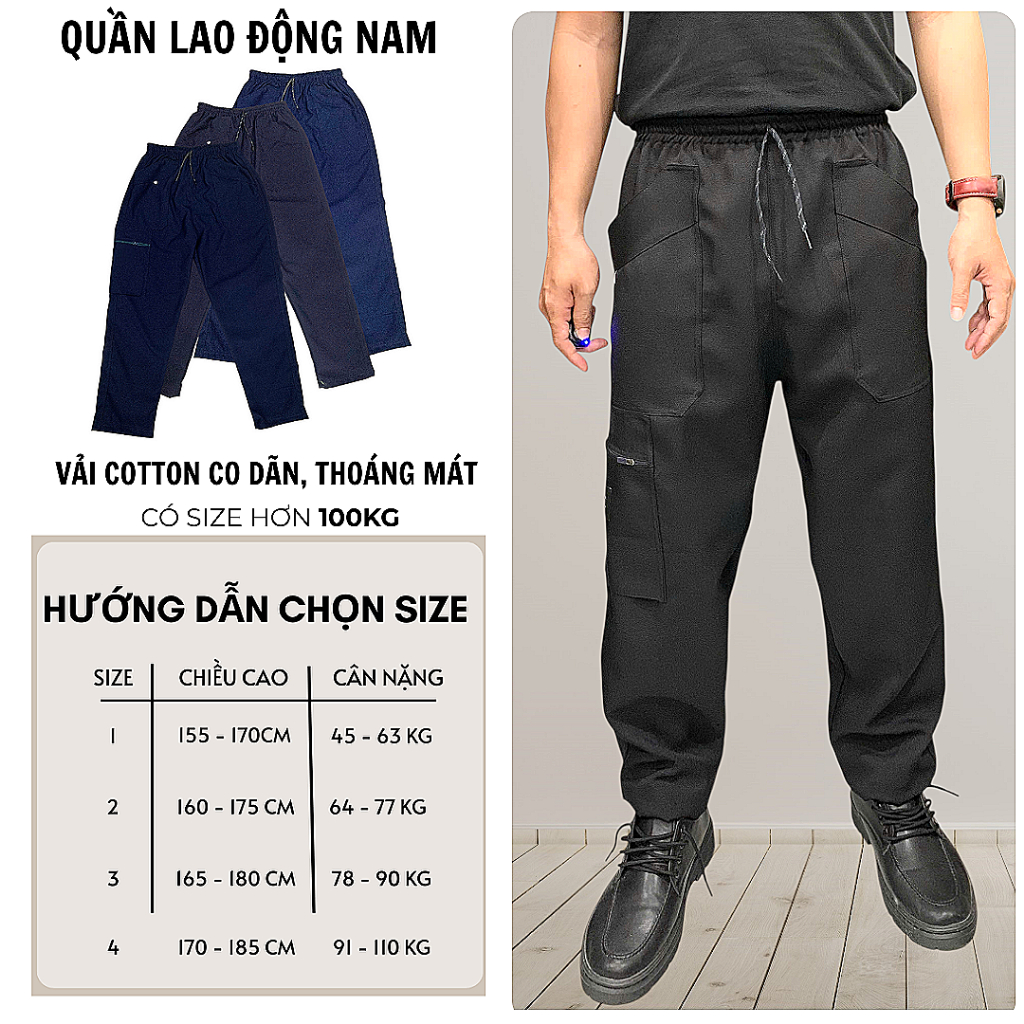 Quần lao động nam chất dày dặn có size từ 45kg đến 110kg