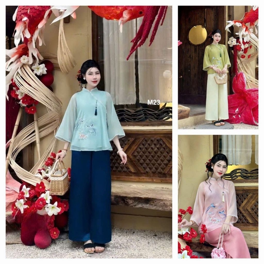 Bo thiet ke Sét áo lam thêu 2 lớp cao cấp đính ngọc bội phối cổ ren M23 Xinh lung linh Anhmi