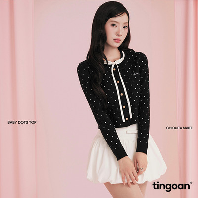 TINGOAN® - Áo khoác dệt đen kim chấm bi trắng phối dây nơ cổ tag logo ngực BABY DOTS TOP/BL