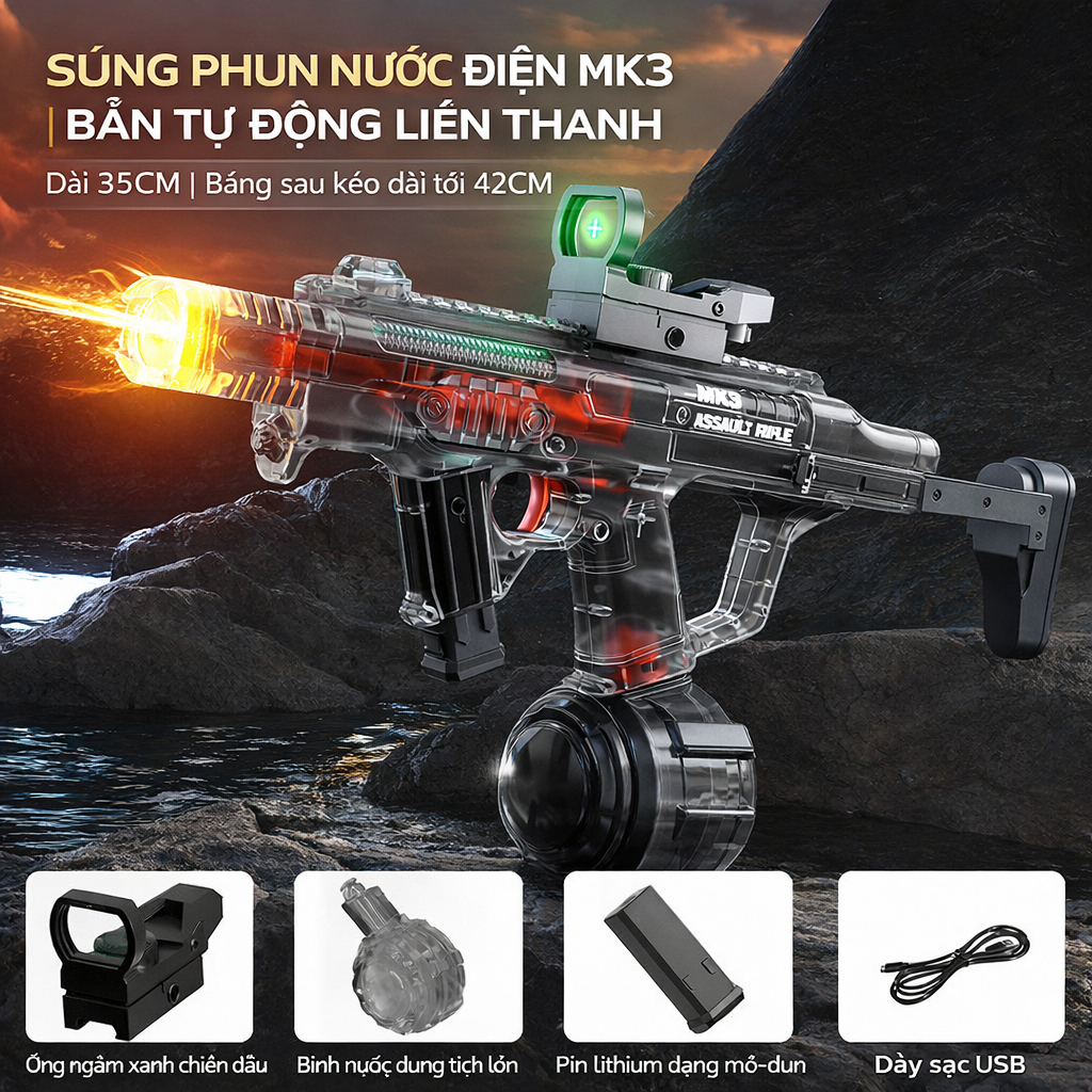 Đồ chơi súng phun nước điện MK3, tặng kèm 2 Pin dự phòng, nòng Led hiệu ứng cực đẹp