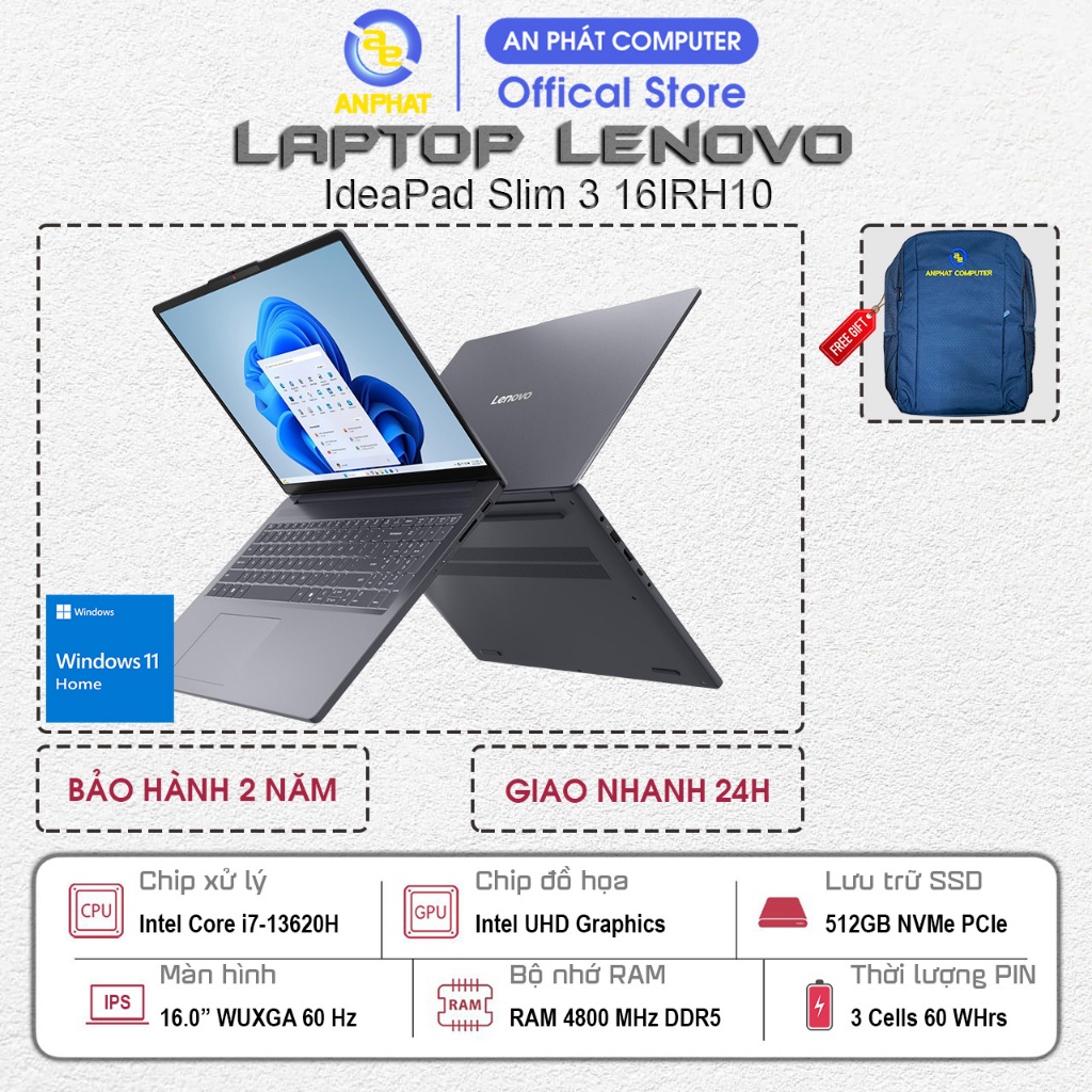 Laptop Lenovo IdeaPad Slim 3 16IRH10 83K20001VN, Core i7-13620H, 16GB RAM, 512GB SSD, 16.0 FHD+, Win
