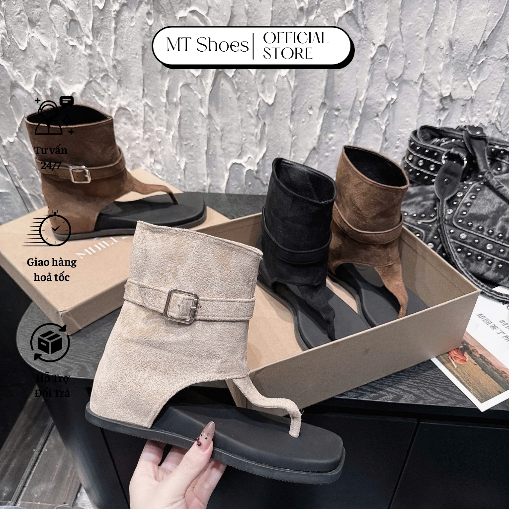 Giày Bốt Nữ Boot Quai Kẹp Quai Da Lộn Phối Khoá Vuông Kiểu Dáng Cá Tính MT Shoes GQ013