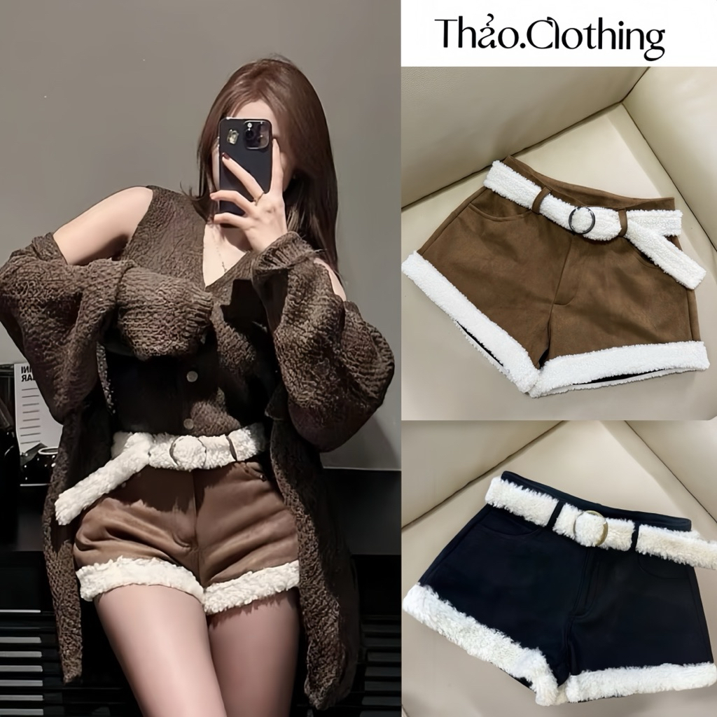 Quần Short Chất Da Lộn Phối Lông Xù Kèm Belt Lông ( Belt Lông Trang Trí )