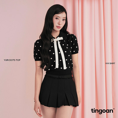 TINGOAN® - Áo dệt kim đen cổ bẻ phối dây nơ cổ chấm bi trắng YURI DOTS/BL