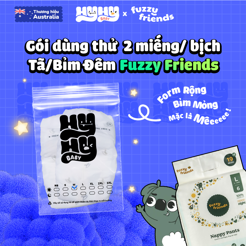 [Gói Dùng Thử Tách Bịch] Tã Bỉm Dán và Quần Đêm FUZZY FRIENDS Úc – Bỉm Đêm Siêu Mỏng, Không Tẩy Trắn
