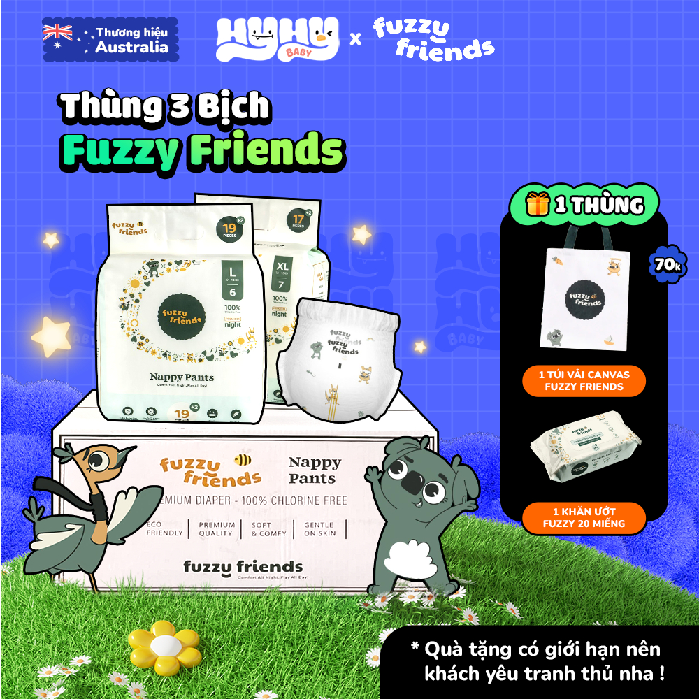 [COMBO 1 THÙNG 3 BỊCH] Tã Bỉm Dán và Quần Đêm FUZZY FRIENDS Úc – Bỉm Đêm Siêu Mỏng, Không Tẩy Trắng,