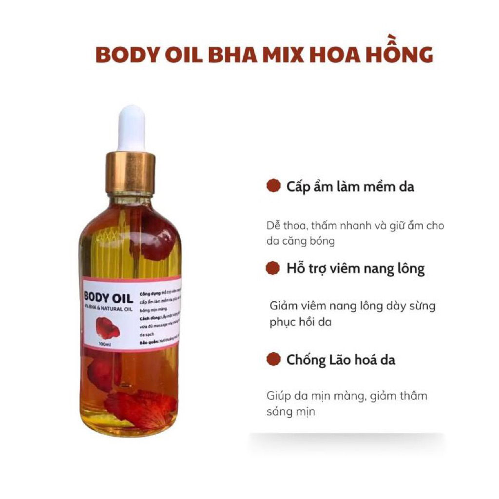 100ml BODY OIL BHA MIX CÁNH HOA HỒNG Hỗ Trợ Cấp Ẩm Mềm Mịn Da , Giảm Tình Trạng Viêm Nang Lông