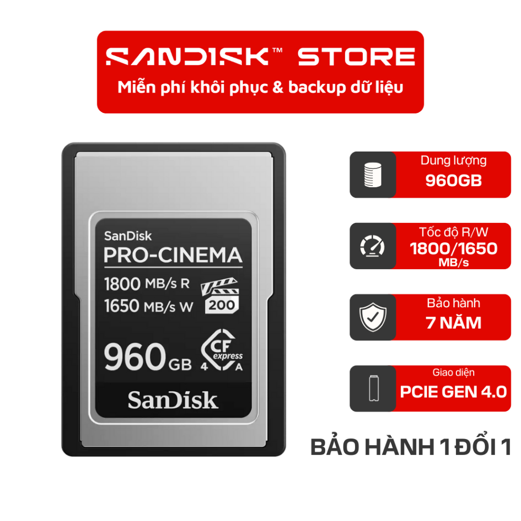 Thẻ nhớ CFexpress Type A SanDisk PRO-CINEMA PCIe-G4 960GB upto 1800MB/s SDCFEA-960G-GN4NN - Bảo hành