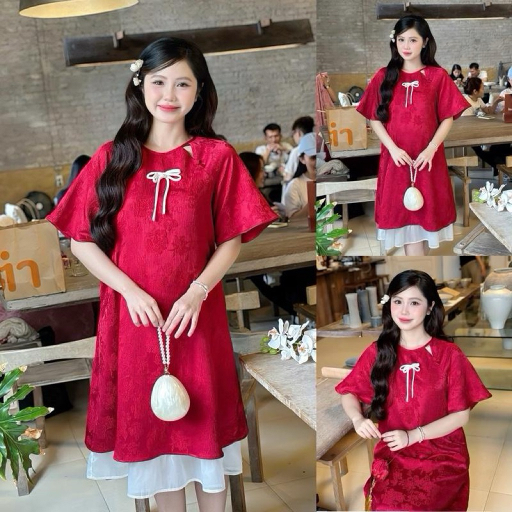 EVERMOM l Đầm bầu Tết Enka vải gấm kết nơ trắng form suông thanh lịch gọn dáng sang chảnh cho mẹ man