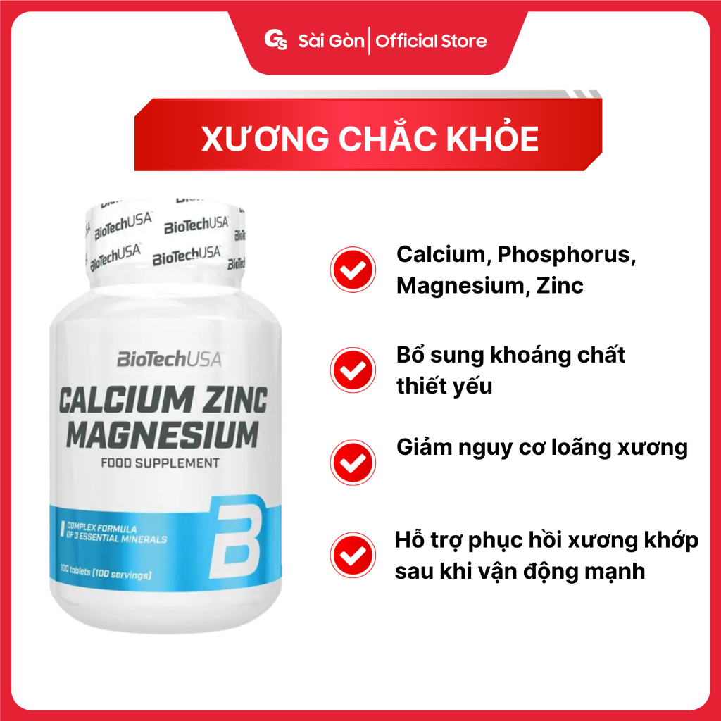 Viên uống hỗ trợ xương khớp Biotech USA Calcium Zinc Magnesium - Gymstore