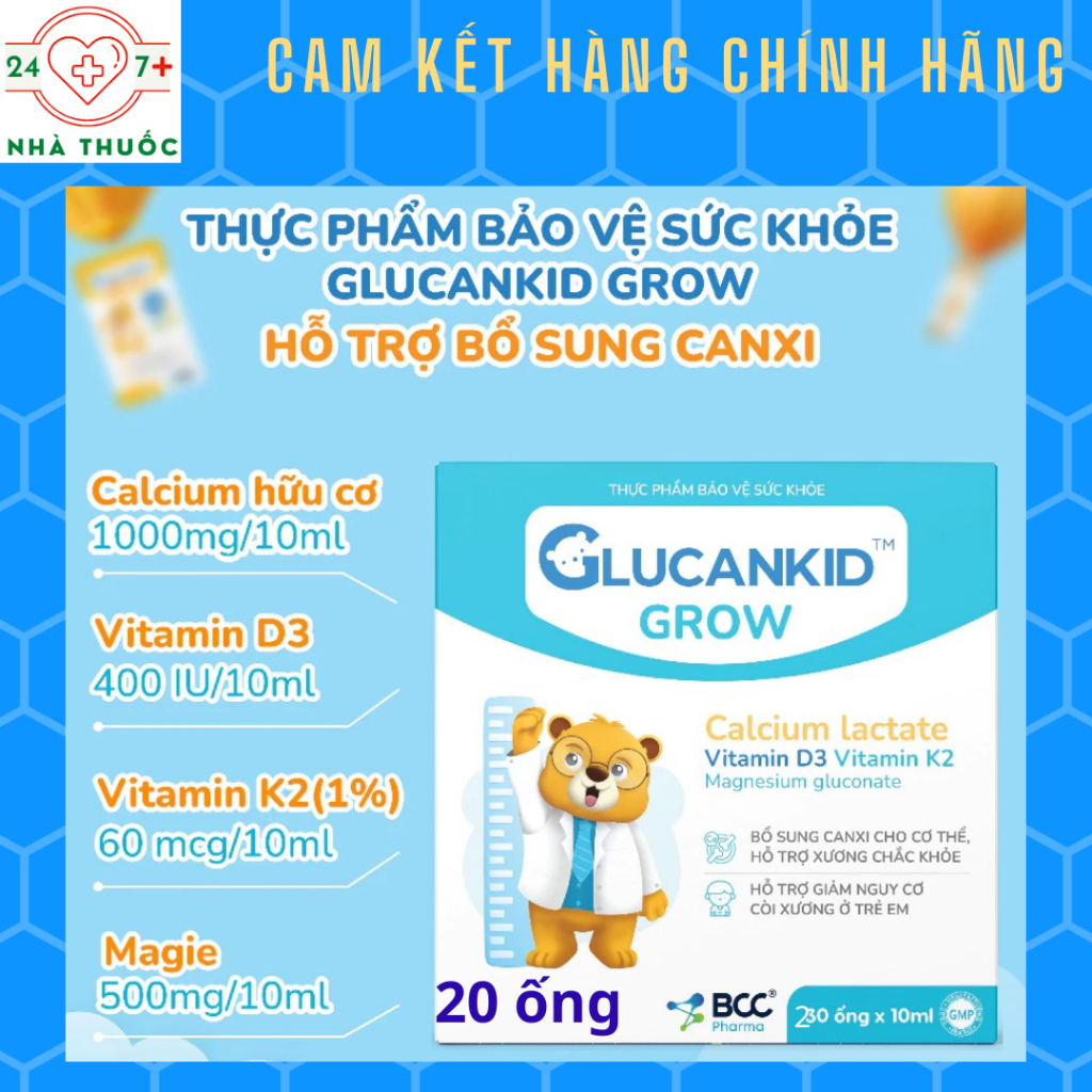 Glucankid Grow - Canxi Nano Hữu Cơ (HSD 2028, 20 ống) - Bổ Sung Canxi, Hỗ Trợ Giảm Nguy Cơ Còi Xương