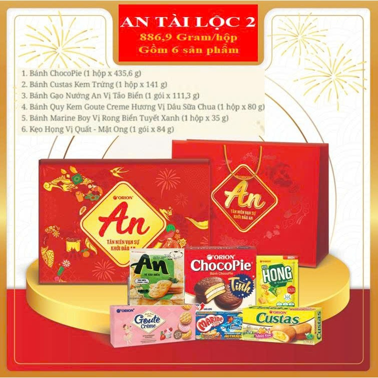 Hộp Quà Tết Orion An Tài Lộc Hộp 886,9g X 4 Hộp Quà+2 Gói ( Có Kèm Túi Xách)