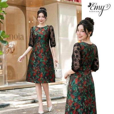 Đầm Thiết Kế EMY Thời Trang Cao Cấp EM9729 Chất Tafta Gấm Nền Đen Hoa Đỏ Sang Chảnh Đi Tiệc