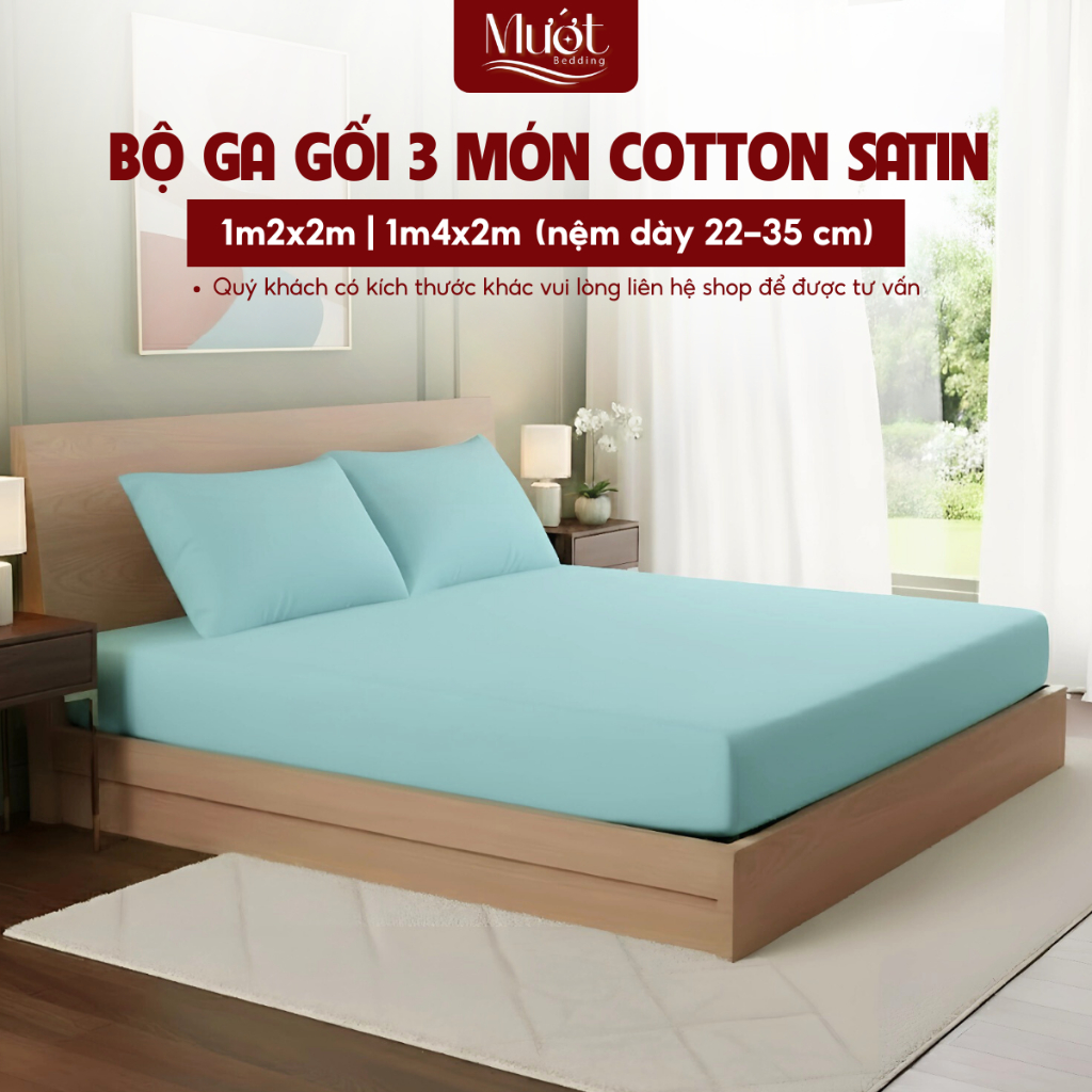 Bộ ga gối 3 món nệm kích thước 1m2x2m, 1m4x2m (22-35cm) Cotton Satin Mướt Bedding cao cấp trơn màu