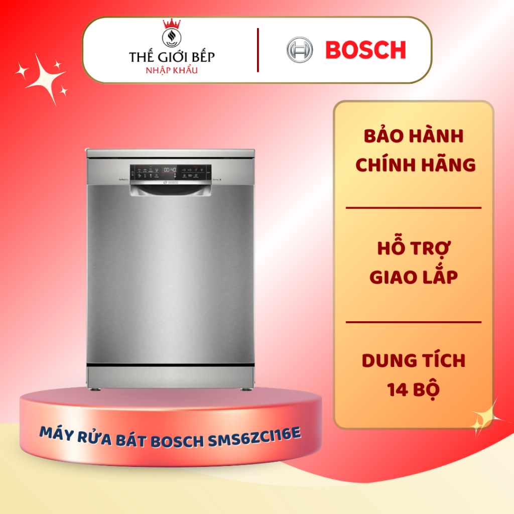 Máy rửa bát 14 bộ độc lập Bosch SMS6ZCI16E - Thiết Kế Sang Trọng, Rửa Êm