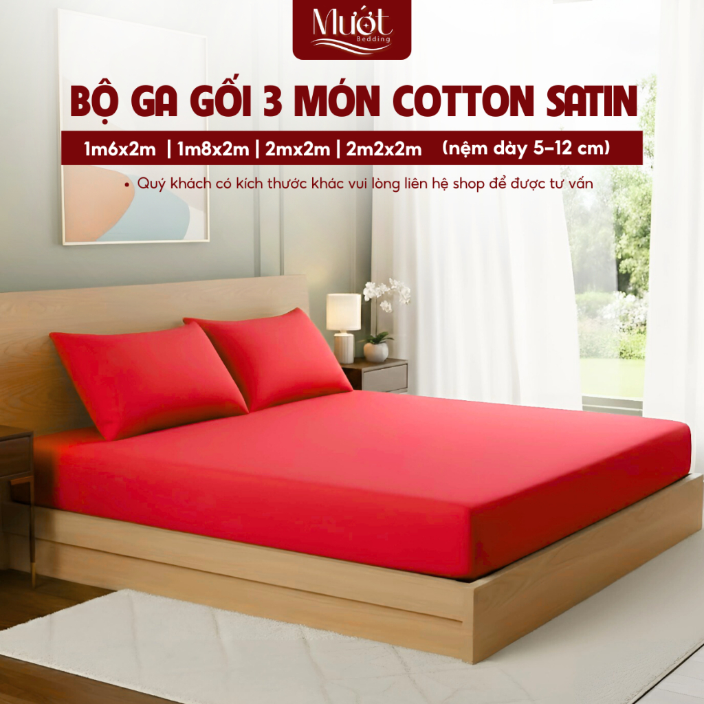 Bộ ga gối 3 món nệm kích thước 1m6x2m, 1m8x2m, 2mx2m, 2m2x2m (5-12cm) Cotton Satin Mướt Bedding cao 
