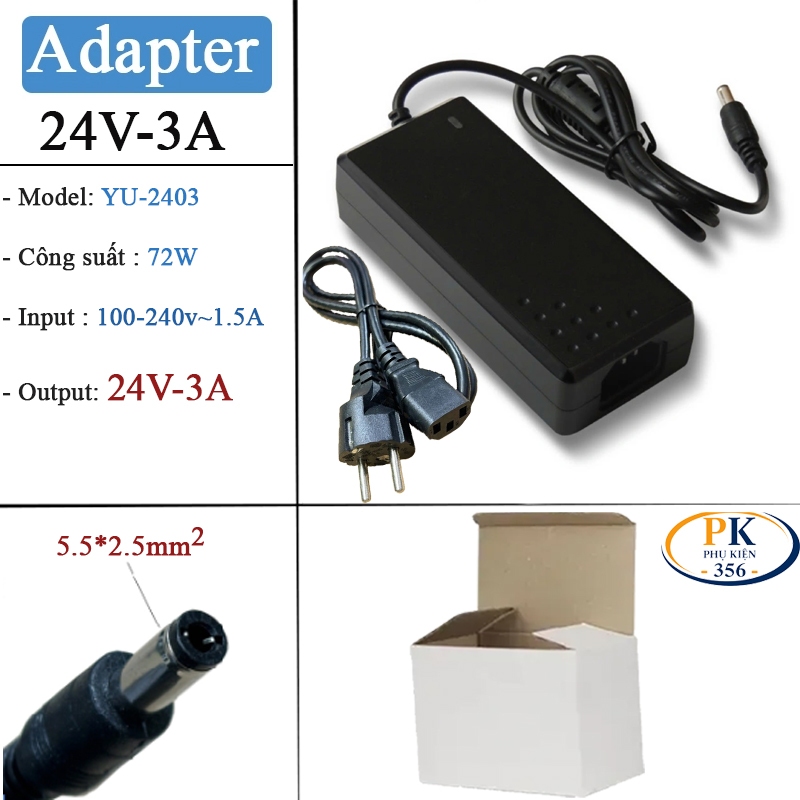 BỘ NGUỒN ADAPTER DC 24V 3A 72W YU-2403 – JACK DC 5.5×2.5MM, ỔN ĐỊNH, CHỐNG NHIỄU ADAPTER 24V-3A 72W